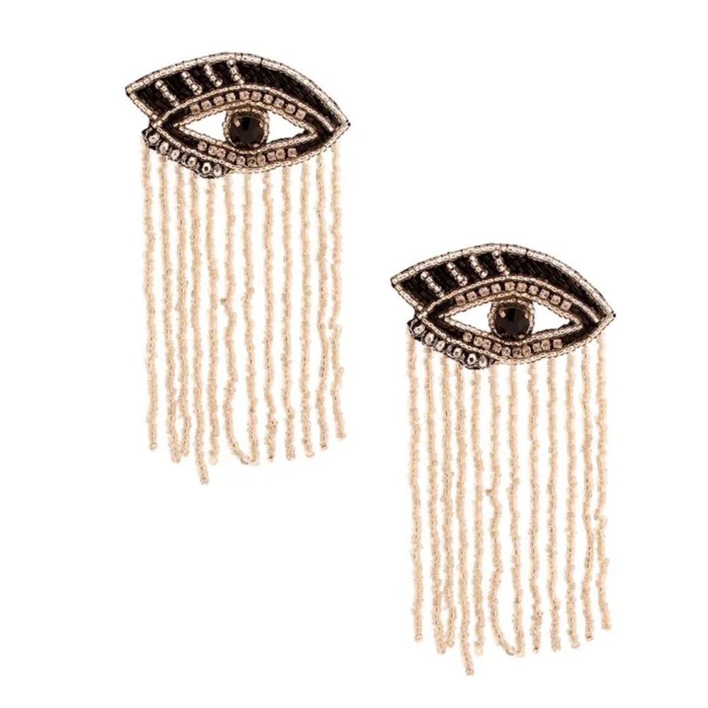 Evil Eye Fringe Drop Earrings - Black and Gold